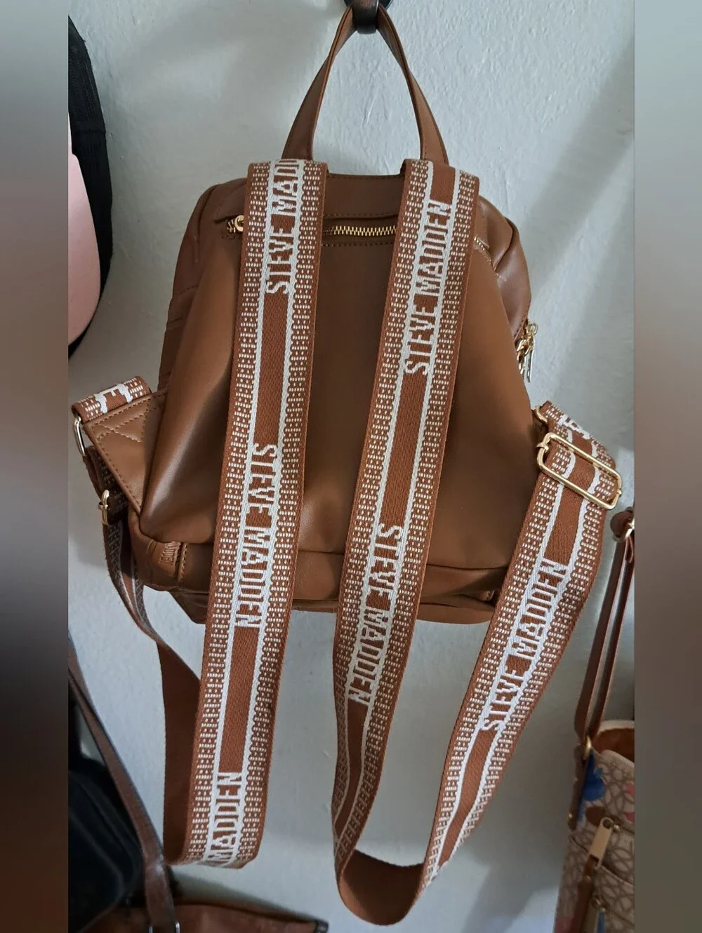 Steve Madden Tan/Brown Logo-Embossed Mini Backpack with Coin Pouch